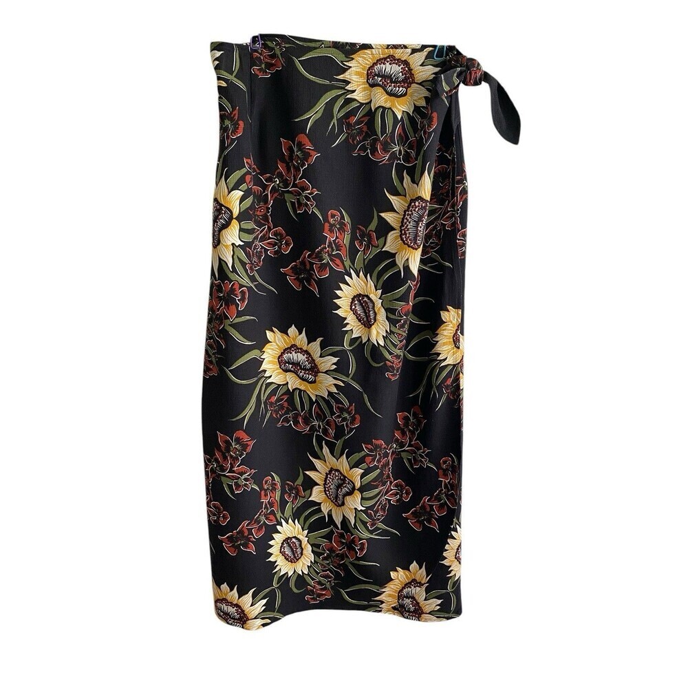 VTG Tommy Bahama Wrap Skirt Large Silk Maxi Sunflowers Hip Tie Beach Black